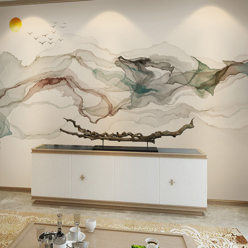 Vivolux | Grote illustratie zonsopgang wandtapijt voor de woningdecoratie in grijs en blauw, op maat gemaakte maten beschikbaar