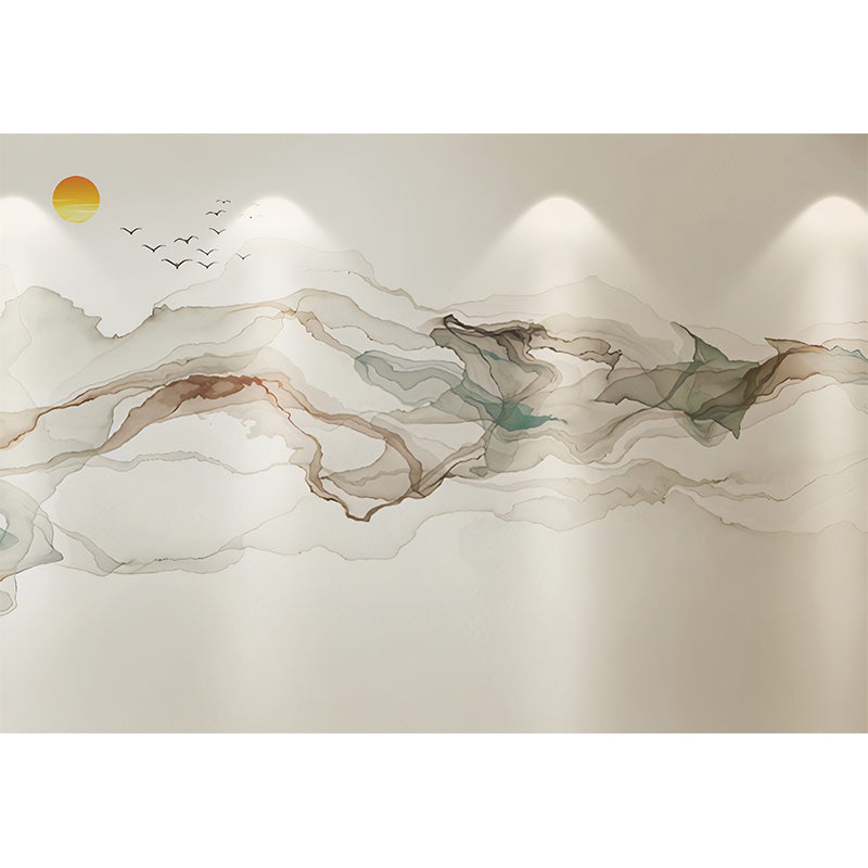 Vivolux | Grote illustratie zonsopgang wandtapijt voor de woningdecoratie in grijs en blauw, op maat gemaakte maten beschikbaar