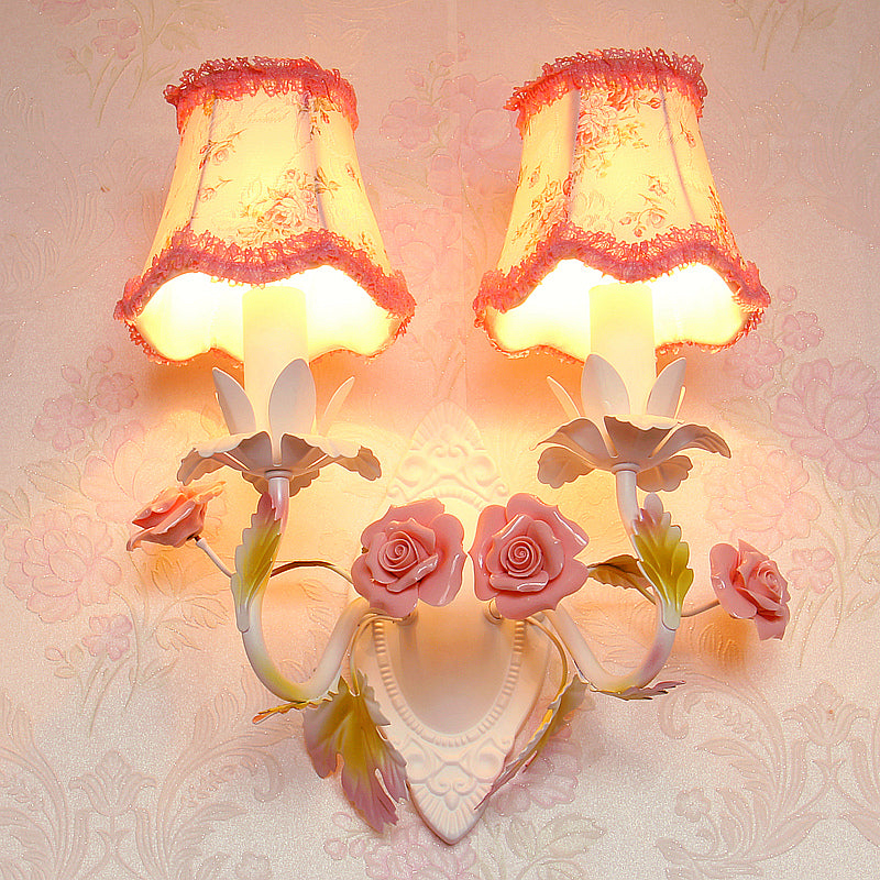 Vivolux | Witte 1/2-Head Wandlamp Romantisch Pastorale Stoffen Bel Muurverlichting met Rozen Decor