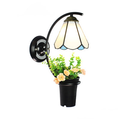 Vivolux | Witte Glazen Kegel Wandlamp Tiffany 1 Kop Zwarte Wandlamp met Bloemdecoratie