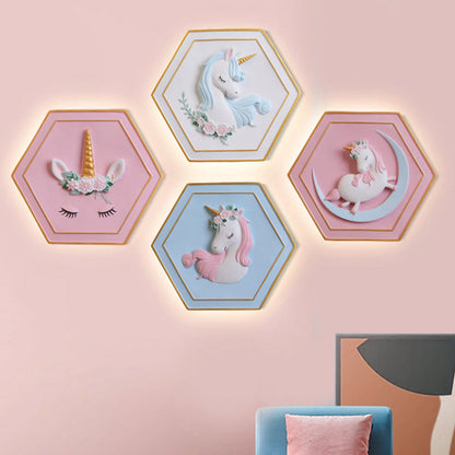 Vivolux | Rosa Unicorn Sconce Beleuchtung mit Hexagon-Design Cartoon LED Harz Zugkette Wandlampe