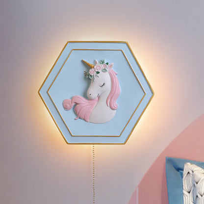 Vivolux | Rosa Unicorn Sconce Beleuchtung mit Hexagon-Design Cartoon LED Harz Zugkette Wandlampe
