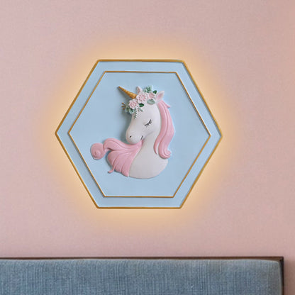 Vivolux | Rosa Unicorn Sconce Beleuchtung mit Hexagon-Design Cartoon LED Harz Zugkette Wandlampe