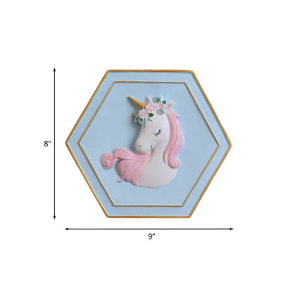 Vivolux | Rosa Unicorn Sconce Beleuchtung mit Hexagon-Design Cartoon LED Harz Zugkette Wandlampe