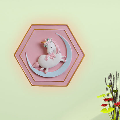 Vivolux | Rosa Unicorn Sconce Beleuchtung mit Hexagon-Design Cartoon LED Harz Zugkette Wandlampe