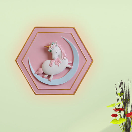 Vivolux | Rosa Unicorn Sconce Beleuchtung mit Hexagon-Design Cartoon LED Harz Zugkette Wandlampe