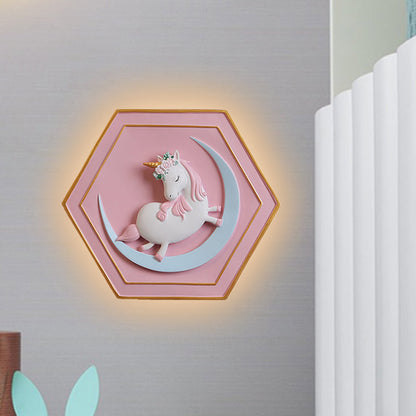 Vivolux | Rosa Unicorn Sconce Beleuchtung mit Hexagon-Design Cartoon LED Harz Zugkette Wandlampe