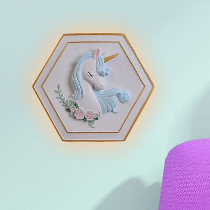 Vivolux | Rosa Unicorn Sconce Beleuchtung mit Hexagon-Design Cartoon LED Harz Zugkette Wandlampe