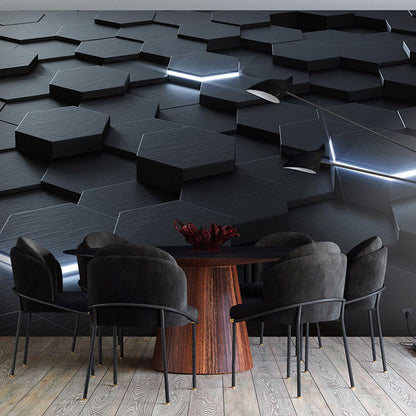 Vivolux | Ganze Foto Stil Tapete mit 3D-Effekt Hexagon in Dunkler Farbe für Wohnzimmer, Maßgeschneidert