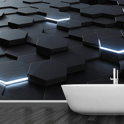 Vivolux | Ganze Foto Stil Tapete mit 3D-Effekt Hexagon in Dunkler Farbe für Wohnzimmer, Maßgeschneidert