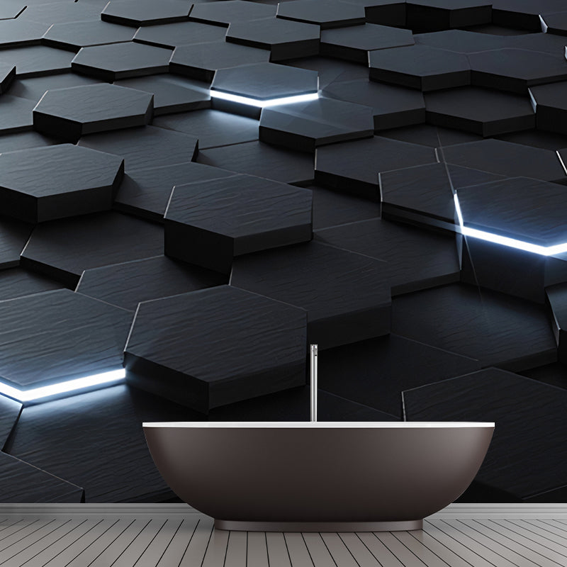 Vivolux | Ganze Foto Stil Tapete mit 3D-Effekt Hexagon in Dunkler Farbe für Wohnzimmer, Maßgeschneidert