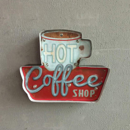 Vivolux | Retro LED Wandmontage Licht Rote Kaffeetasse/Weiße Milchflasche Beschilderung Nachtlampe mit Eisen-Schirm für Geschäft