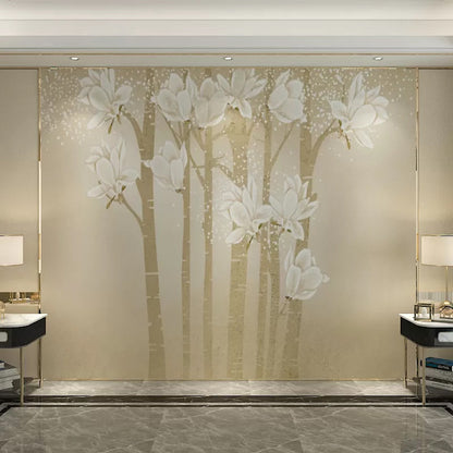 Vivolux | Benutzerdefinierte Illustration Minimalistische Wandtapete für das Wohnzimmer mit eleganter Magnolie in Beige und Gelb