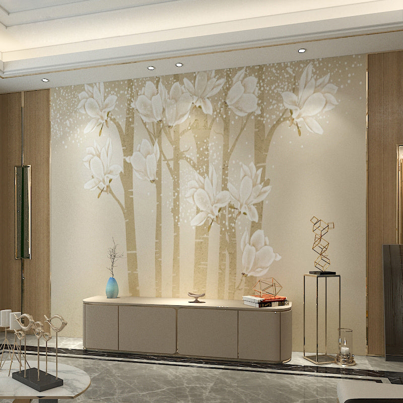 Vivolux | Benutzerdefinierte Illustration Minimalistische Wandtapete für das Wohnzimmer mit eleganter Magnolie in Beige und Gelb