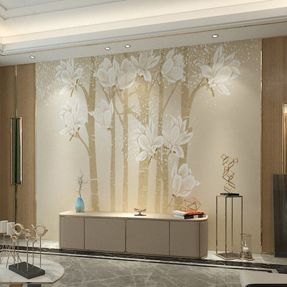 Vivolux | Benutzerdefinierte Illustration Minimalistische Wandtapete für das Wohnzimmer mit eleganter Magnolie in Beige und Gelb