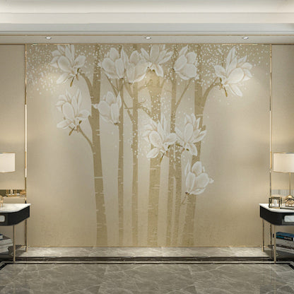 Vivolux | Benutzerdefinierte Illustration Minimalistische Wandtapete für das Wohnzimmer mit eleganter Magnolie in Beige und Gelb