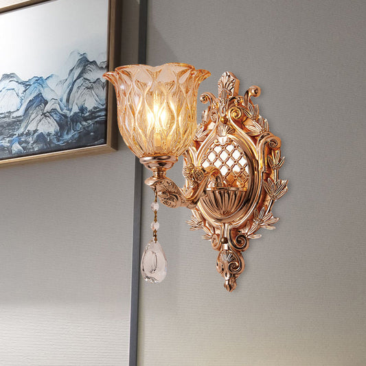 Vivolux | Amber Rattan Glas Floral Wandlamp Traditionele Een-Lampen Woonkamer Wandverlichting in Goud