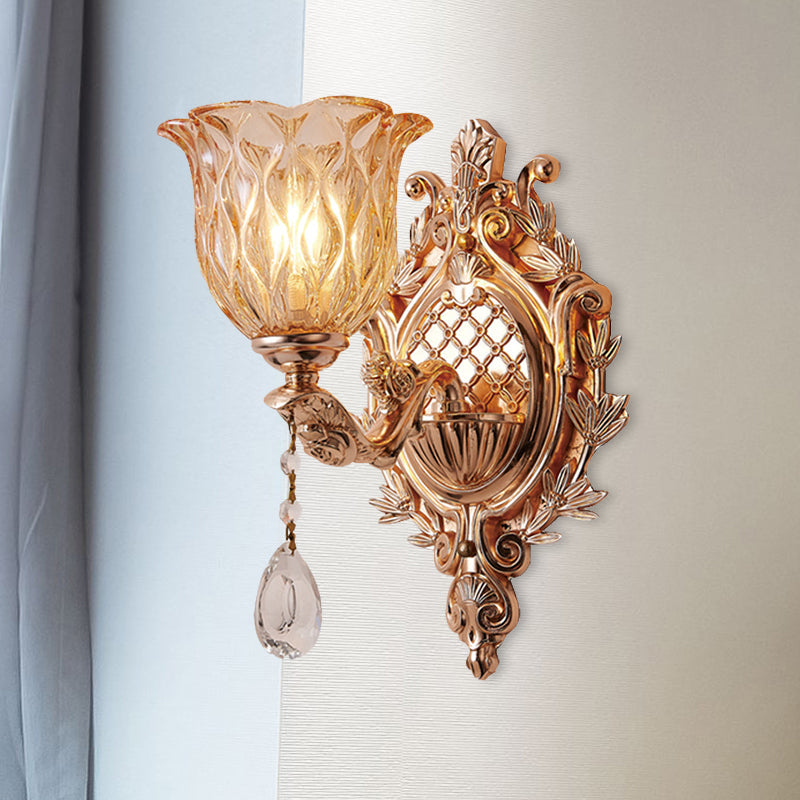 Vivolux | Amber Rattan Glas Floral Wandlamp Traditionele Een-Lampen Woonkamer Wandverlichting in Goud
