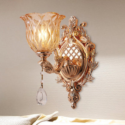 Vivolux | Amber Rattan Glas Floral Wandlamp Traditionele Een-Lampen Woonkamer Wandverlichting in Goud