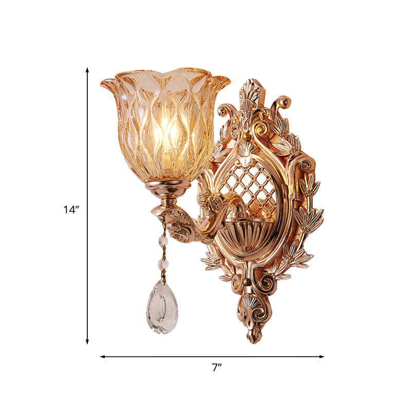 Vivolux | Amber Rattan Glas Floral Wandlamp Traditionele Een-Lampen Woonkamer Wandverlichting in Goud