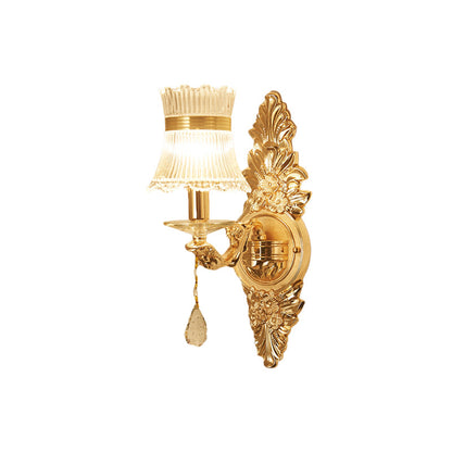 Vivolux | 1 Glühbirne Blume/Sektor Wandmontierte Lampe Traditionelle Klare Gerippte Glas Wandleuchte mit Gold Geschnitztem Arm