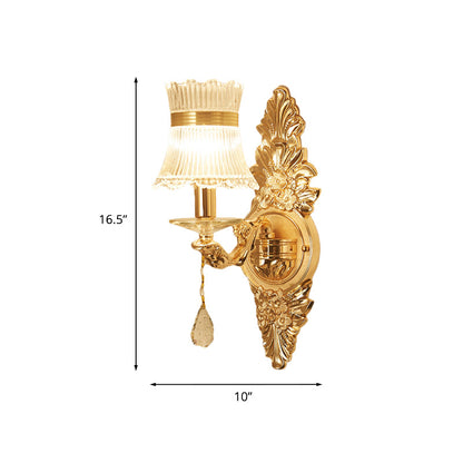 Vivolux | 1 Glühbirne Blume/Sektor Wandmontierte Lampe Traditionelle Klare Gerippte Glas Wandleuchte mit Gold Geschnitztem Arm