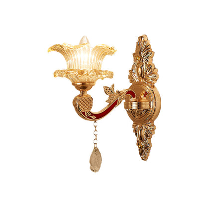 Vivolux | 1 Glühbirne Blume/Sektor Wandmontierte Lampe Traditionelle Klare Gerippte Glas Wandleuchte mit Gold Geschnitztem Arm