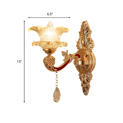 Vivolux | 1 Glühbirne Blume/Sektor Wandmontierte Lampe Traditionelle Klare Gerippte Glas Wandleuchte mit Gold Geschnitztem Arm