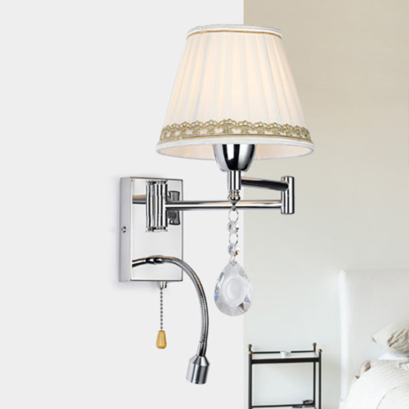 Vivolux | 1-Kopfleselampe Wandlampe Modern Faltenstoff Geflochtene Kante Kegel Wandleuchte mit verstellbarem Chromarm