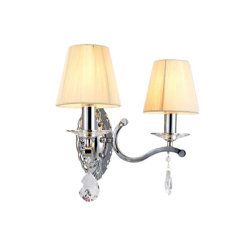 Vivolux | 1/2-Kopf Plissee Stoff Wandlicht Modernismus Beige Kegel Ecke Wandleuchte mit verchromtem gebogenem Arm