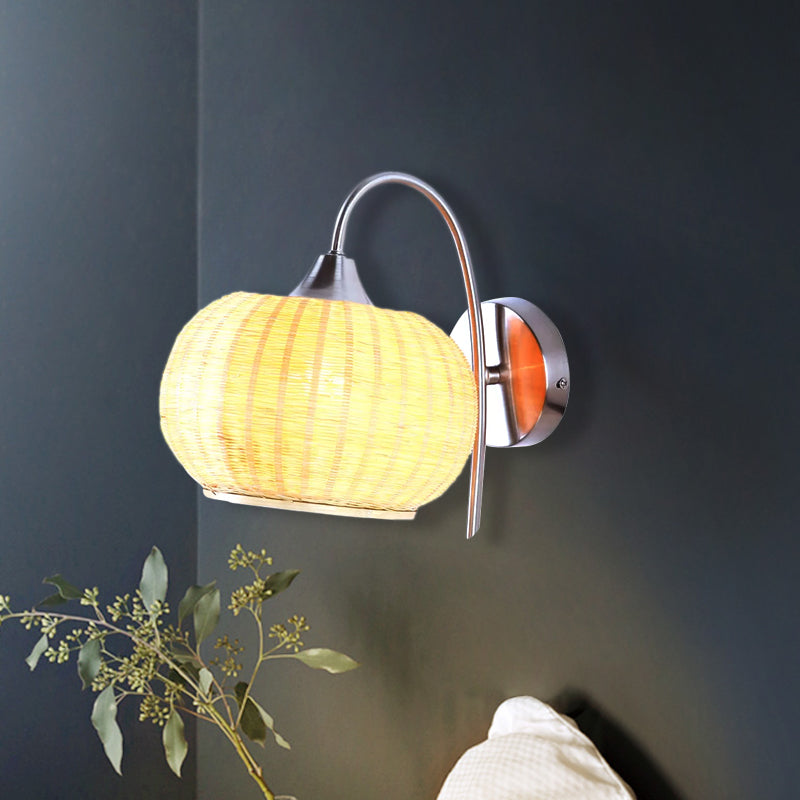 Vivolux | Rieten Ronde Trommel Wandlamp Moderne Stijl 1 Licht Chrome Afwerking Wandlamp met Metalen Gebogen Arm