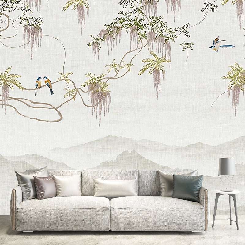 Vivolux | Dekorative Wisteria und Vogel Wandmalerei Vollgröße Traditionelle Wandkunst für Café