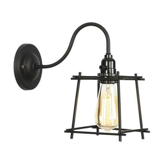 Vivolux | 1 Kopf Eisen Wandlampe Retro-Stil Mystisch Schwarz Kubische Käfig Schirm Schlafzimmer Wandleuchte mit Kurvenarm