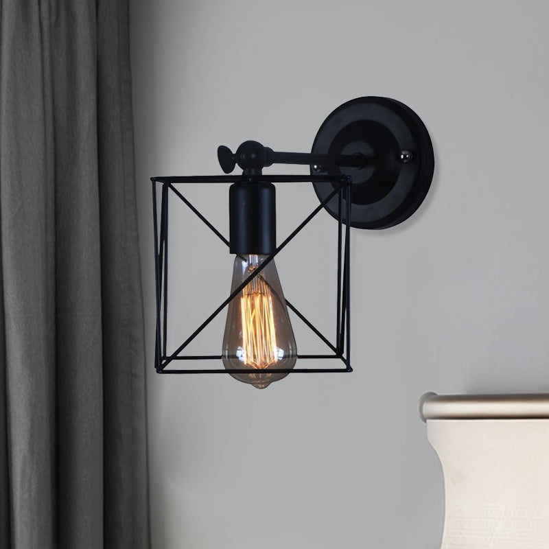 Vivolux | 1 Kopf Metall Wandbeleuchtung Antik Stil Schwarz Quadratisch Käfig Schirm Schlafzimmer Wandmontierte Lampe