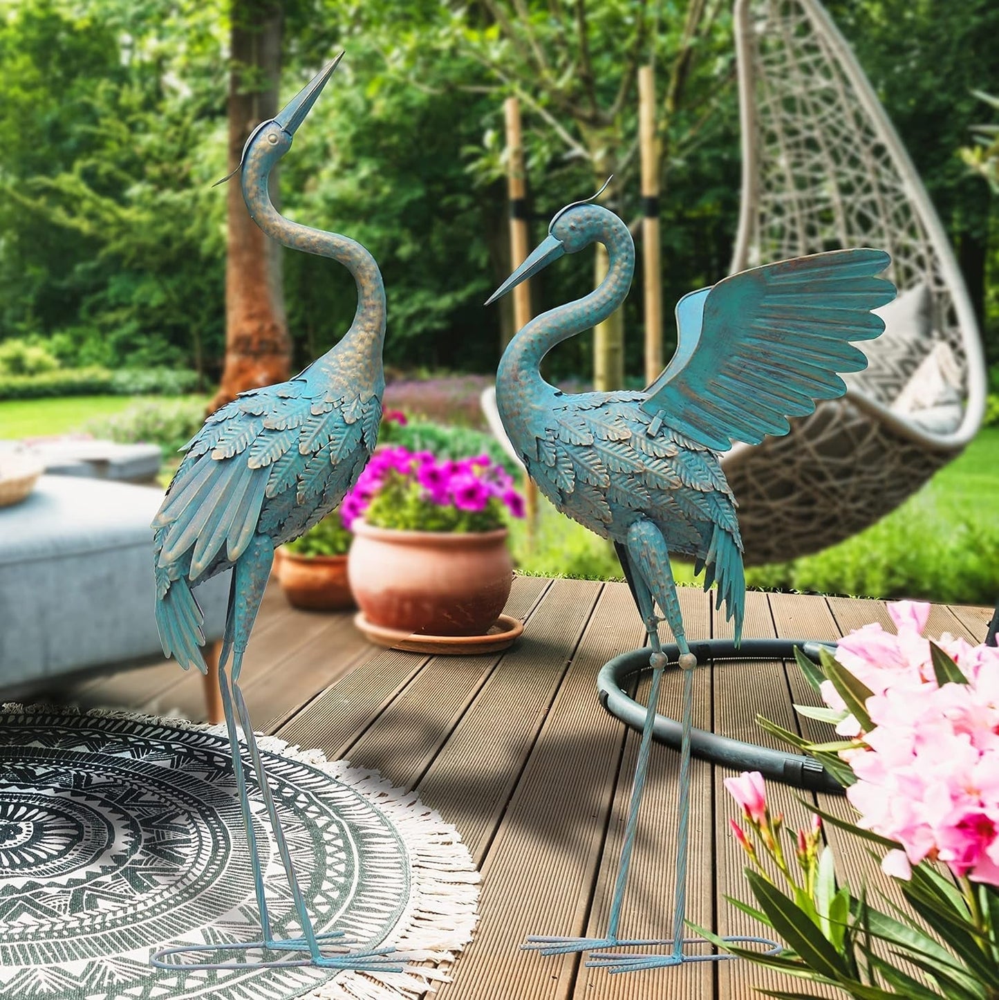 Vivolux | 33-37 Zoll Metallkran Gartenstatue Dekor, Vogelgarten Skulptur & Statuen, Außendekoration für Garten Terrasse Rasen Hinterhof Pool, Vintage Ausbreitende Flügel Kran, Set von 2