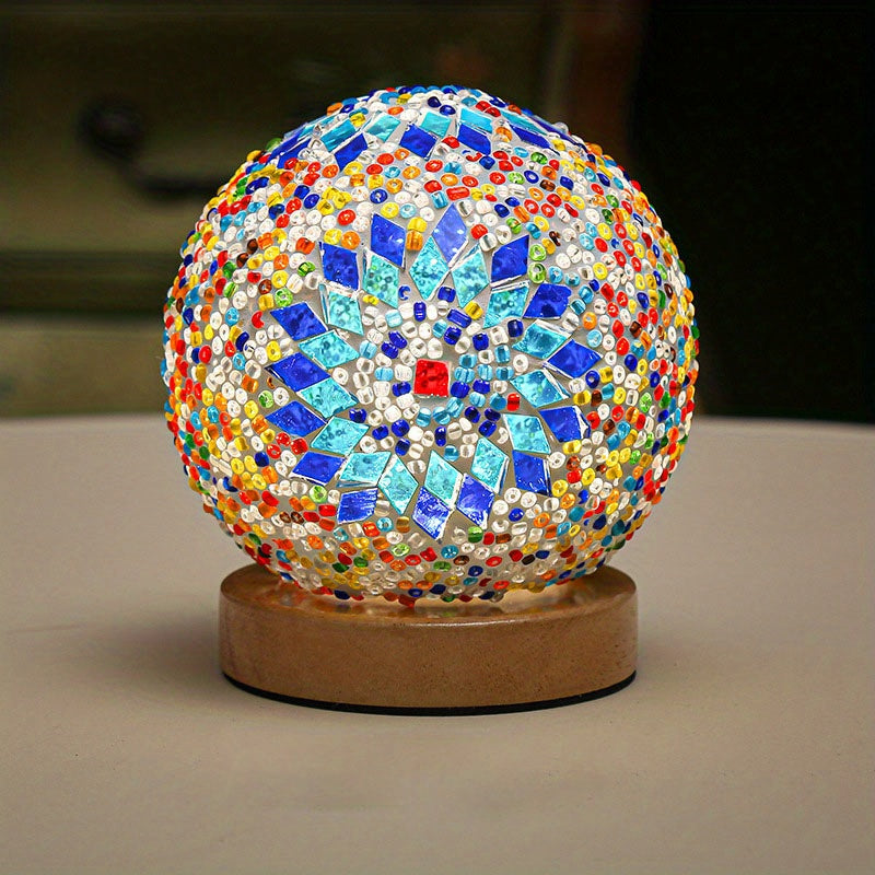 Vivolux | Mosaikglasballen-Tischlampe mit Holzfuß - Türkisch marokkanisch inspiriert