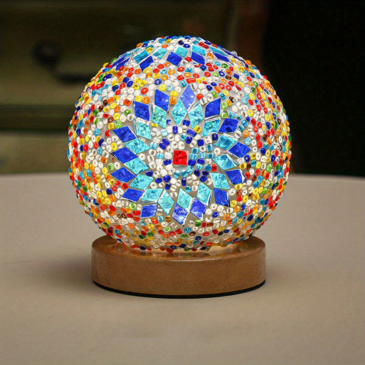 Vivolux | Mosaikglasballen-Tischlampe mit Holzfuß - Türkisch marokkanisch inspiriert