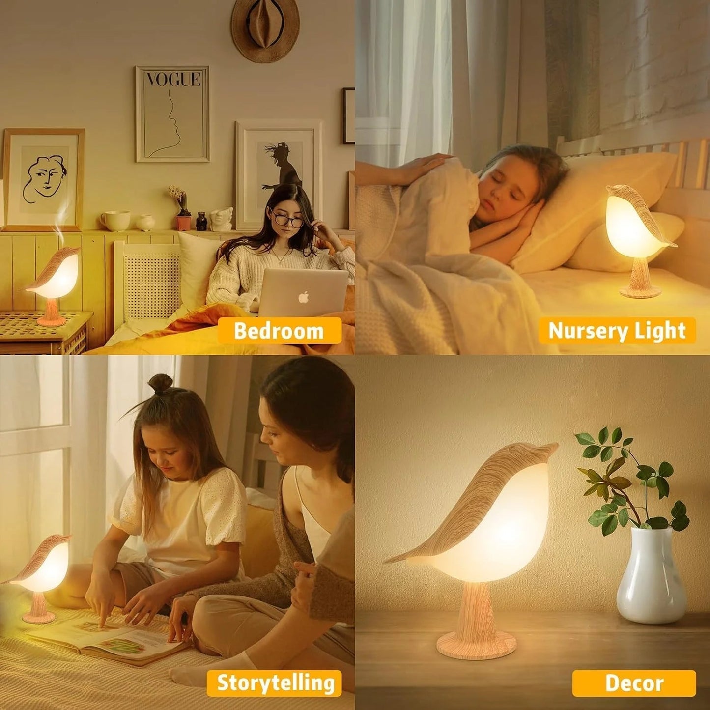 Vivolux | Touch-Control Holzvogel Nachtlicht - Wiederaufladbare LED Nachttischlampe