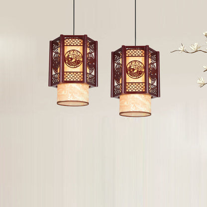 Vivolux | Traditionelle chinesische Holz-PVC-Zylinderlaterne geschnitzter Fisch 1-Licht Pendelleuchte für das Esszimmer
