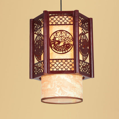 Vivolux | Traditionelle chinesische Holz-PVC-Zylinderlaterne geschnitzter Fisch 1-Licht Pendelleuchte für das Esszimmer