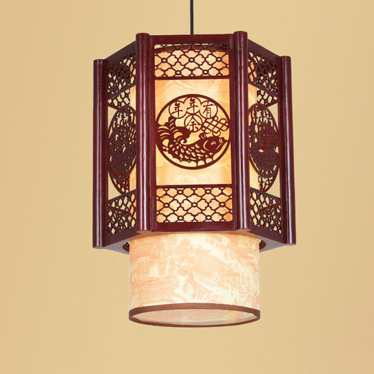 Vivolux | Traditionelle chinesische Holz-PVC-Zylinderlaterne geschnitzter Fisch 1-Licht Pendelleuchte für das Esszimmer