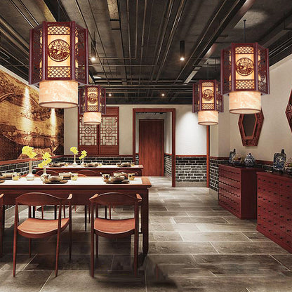 Vivolux | Traditionelle chinesische Holz-PVC-Zylinderlaterne geschnitzter Fisch 1-Licht Pendelleuchte für das Esszimmer