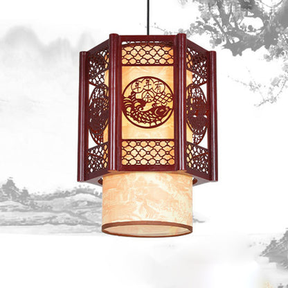 Vivolux | Traditionelle chinesische Holz-PVC-Zylinderlaterne geschnitzter Fisch 1-Licht Pendelleuchte für das Esszimmer