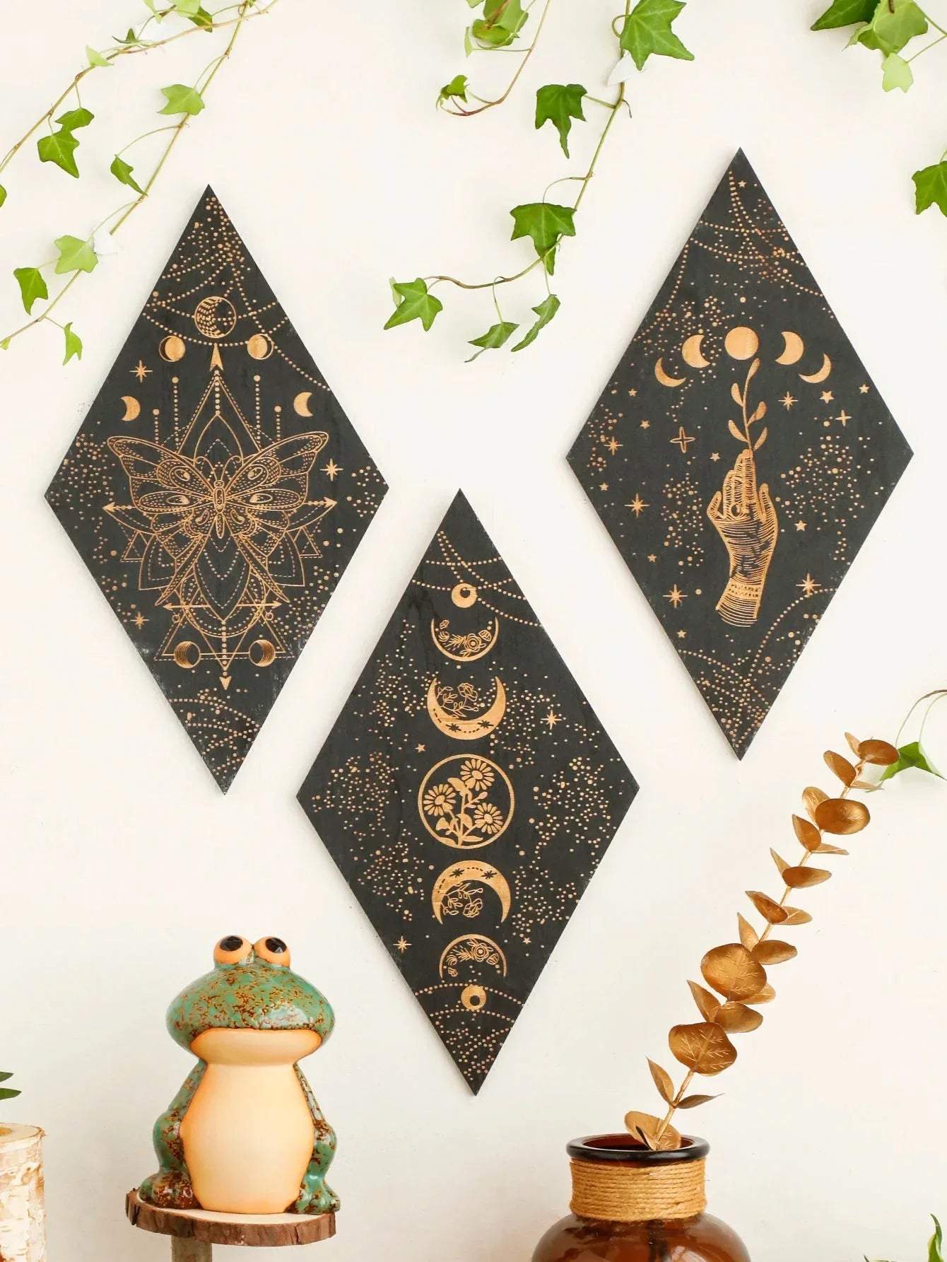 Vivolux | Schwarze Mondphasen Holz Wanddekoration Rhombus Wandkunst Boho Wohnkultur Hexe Wandbehang Dekoration Raumdekor Ästhetisches Geschenk