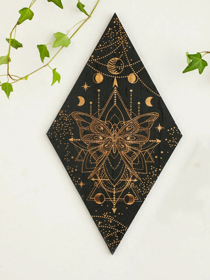 Vivolux | Schwarze Mondphasen Holz Wanddekoration Rhombus Wandkunst Boho Wohnkultur Hexe Wandbehang Dekoration Raumdekor Ästhetisches Geschenk