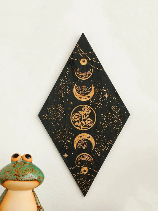 Vivolux | Schwarze Mondphasen Holz Wanddekoration Rhombus Wandkunst Boho Wohnkultur Hexe Wandbehang Dekoration Raumdekor Ästhetisches Geschenk