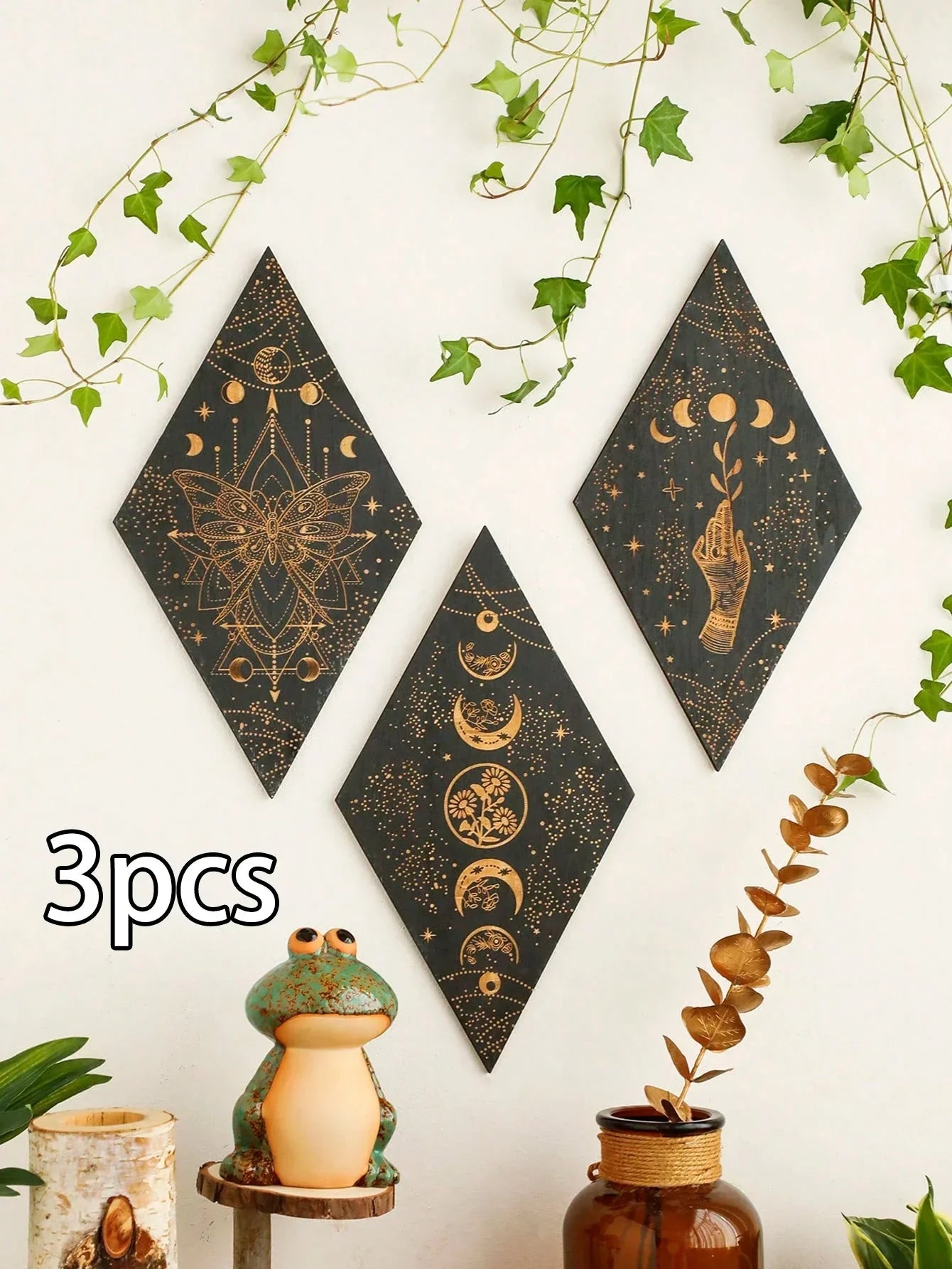 Vivolux | Schwarze Mondphasen Holz Wanddekoration Rhombus Wandkunst Boho Wohnkultur Hexe Wandbehang Dekoration Raumdekor Ästhetisches Geschenk