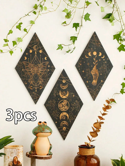 Vivolux | Schwarze Mondphasen Holz Wanddekoration Rhombus Wandkunst Boho Wohnkultur Hexe Wandbehang Dekoration Raumdekor Ästhetisches Geschenk