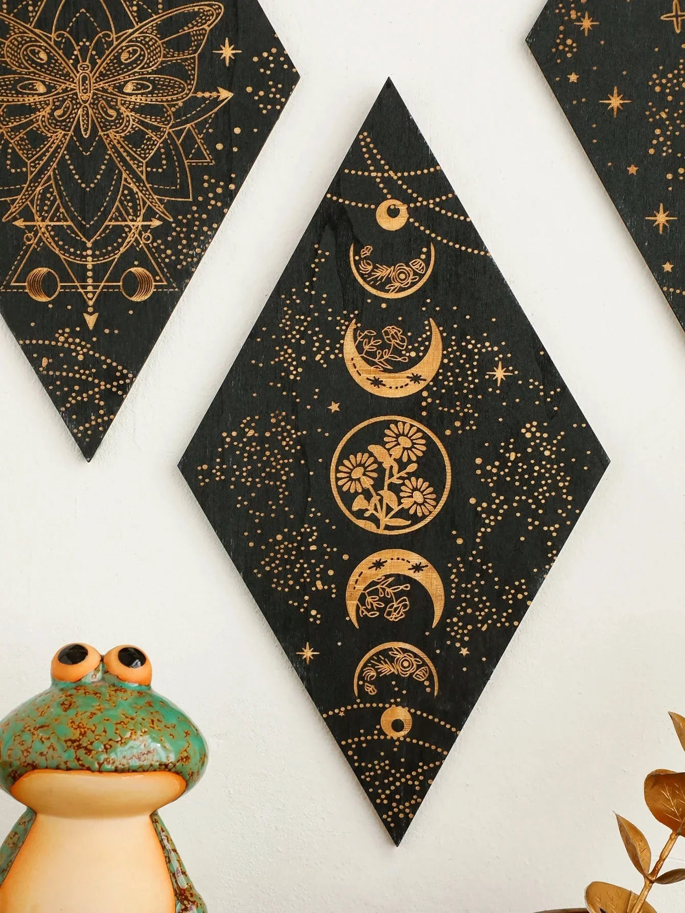 Vivolux | Schwarze Mondphasen Holz Wanddekoration Rhombus Wandkunst Boho Wohnkultur Hexe Wandbehang Dekoration Raumdekor Ästhetisches Geschenk