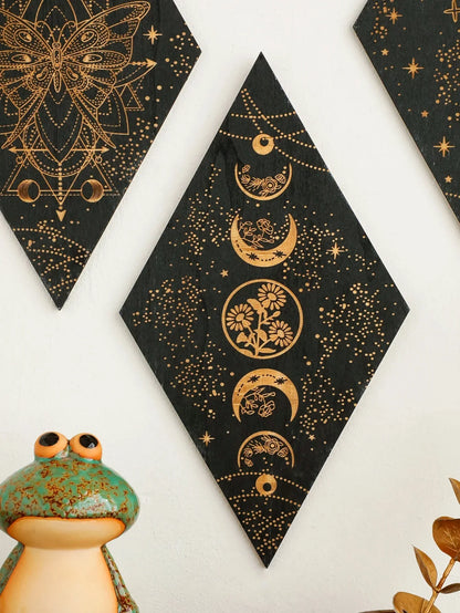 Vivolux | Schwarze Mondphasen Holz Wanddekoration Rhombus Wandkunst Boho Wohnkultur Hexe Wandbehang Dekoration Raumdekor Ästhetisches Geschenk